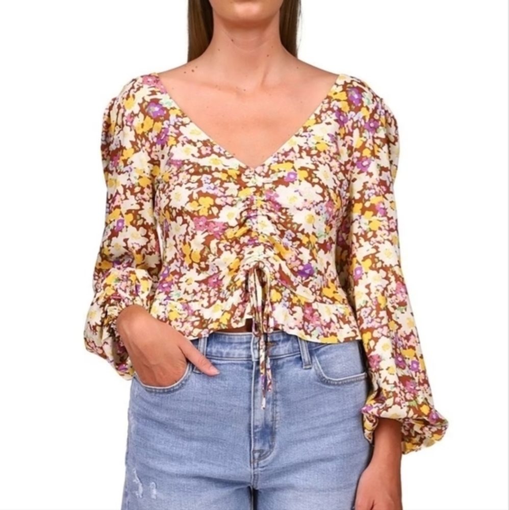 Sanctuary Floral Print V-Neck Balloon Sleeve Ruched Drawstring Front Blouse‎